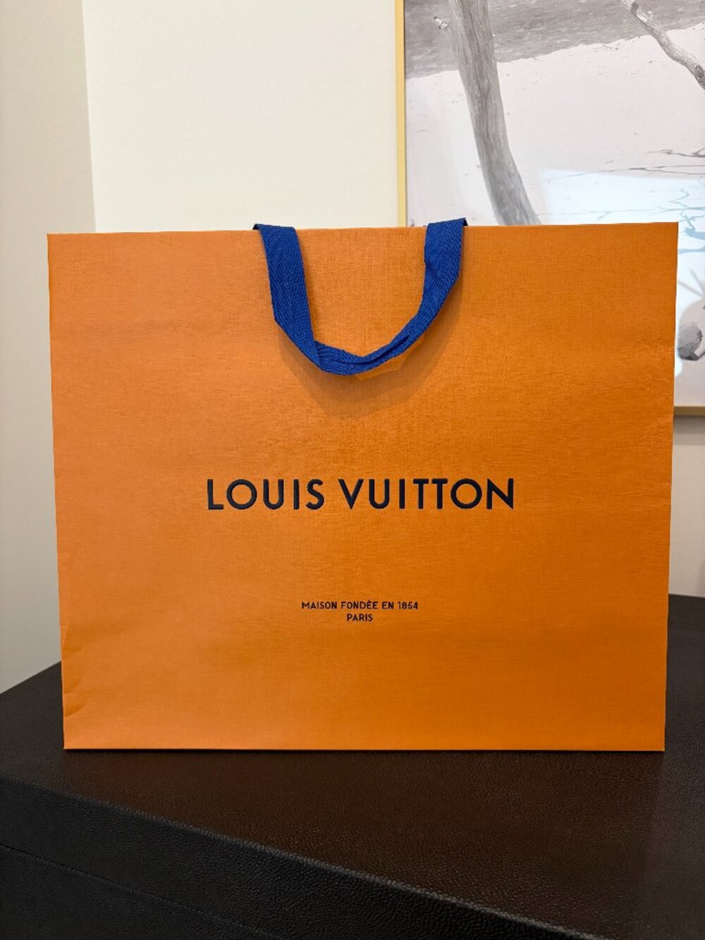 Louis Vuitton Shopping Gift Bag — Orange, Blue Handles, Large 16.5x13x6"